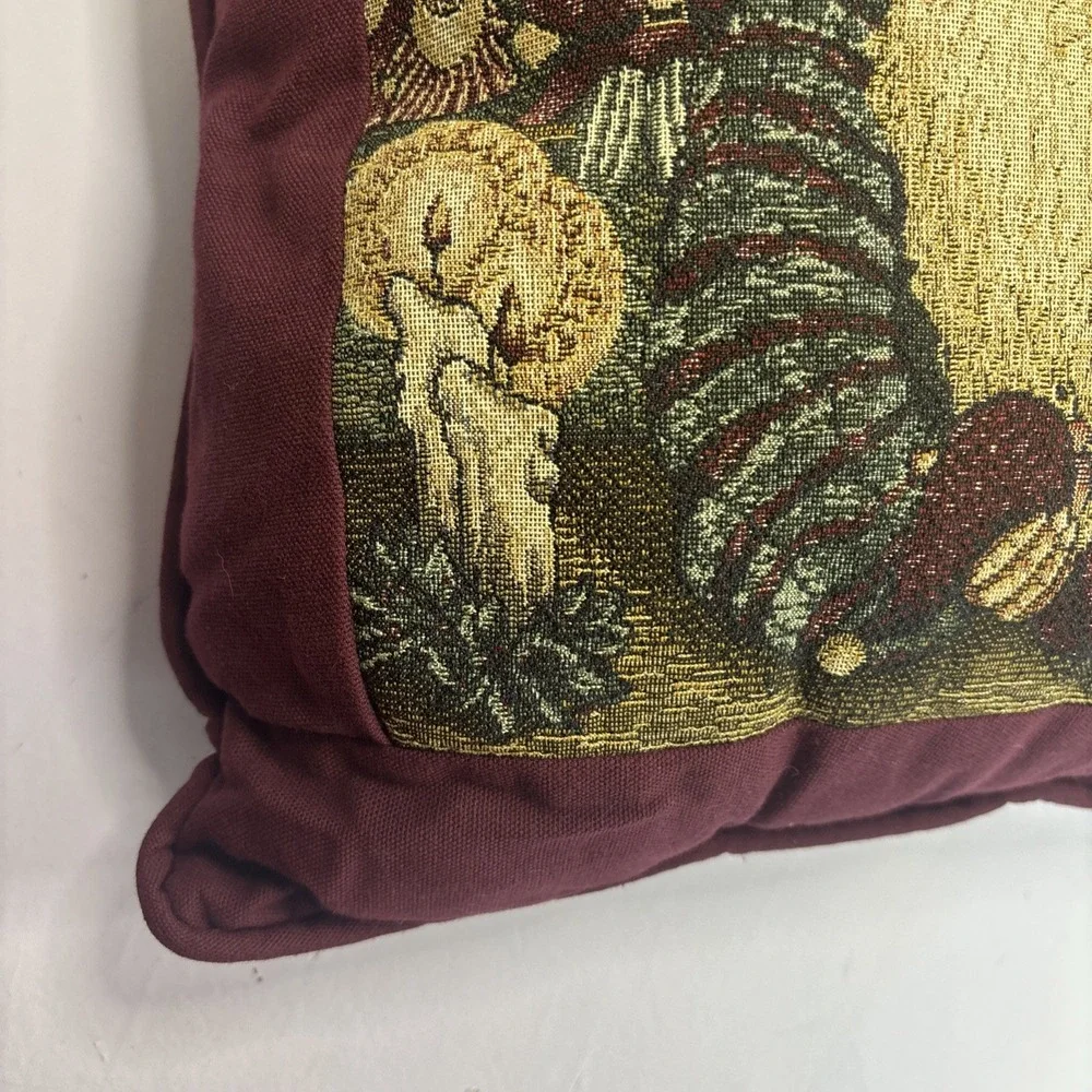 Vtg Holiday Tapestry Throw Pillow Christmas Decorations Santa Dolls Workshop 16